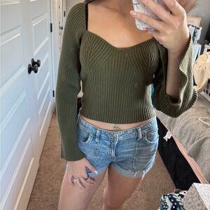 Olive Green Ribbed Knit Cropped Sweater Top